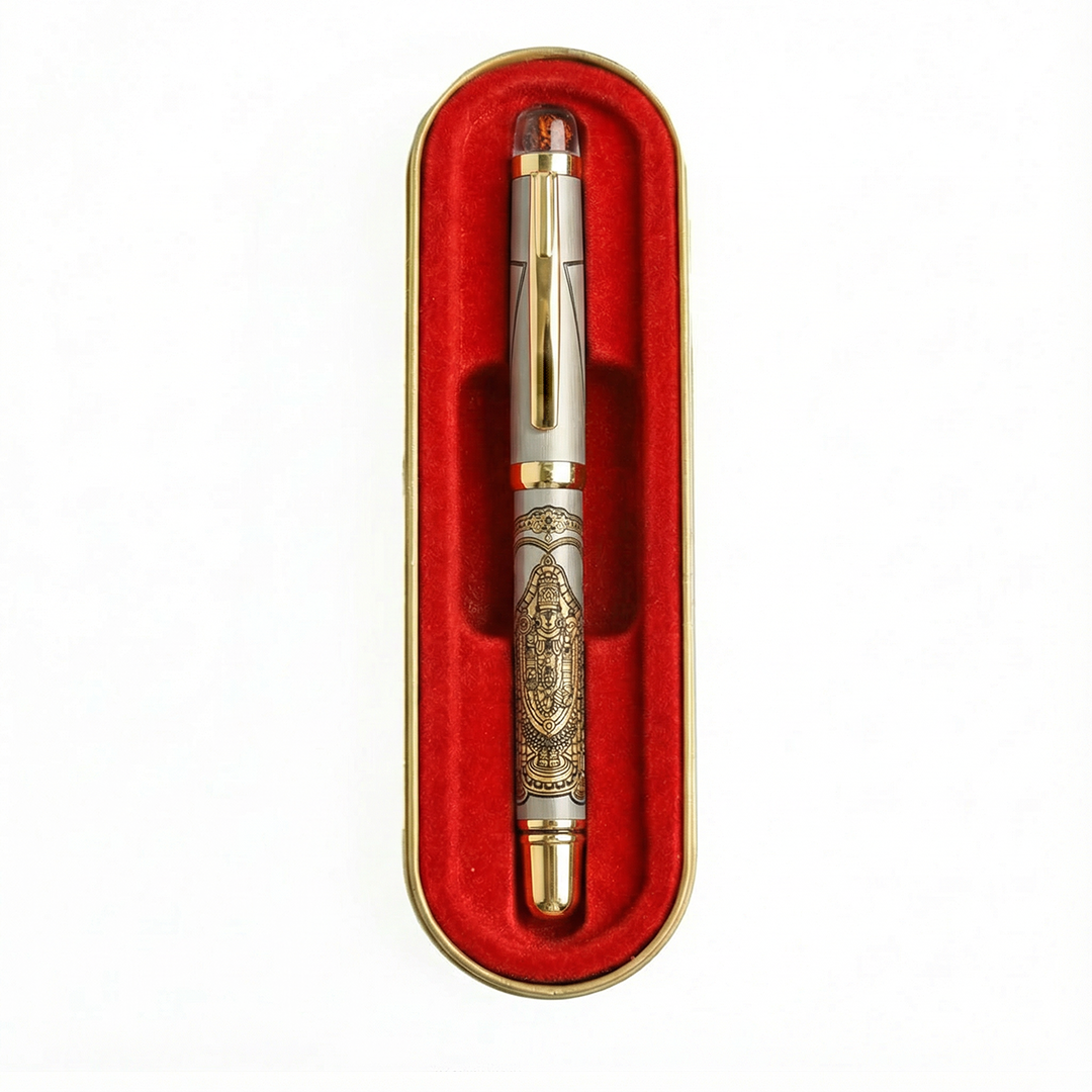 Personalised Sacred Lord Tirupati Balaji Metal Roller Pen with Rudraksh Bead Embed - The Gifting Era
