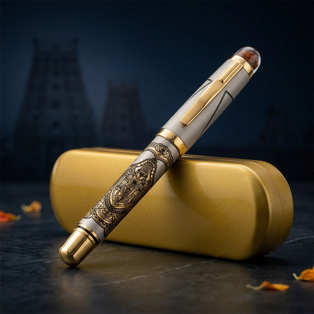 Personalised Sacred Lord Tirupati Balaji Metal Roller Pen with Rudraksh Bead Embed - The Gifting Era