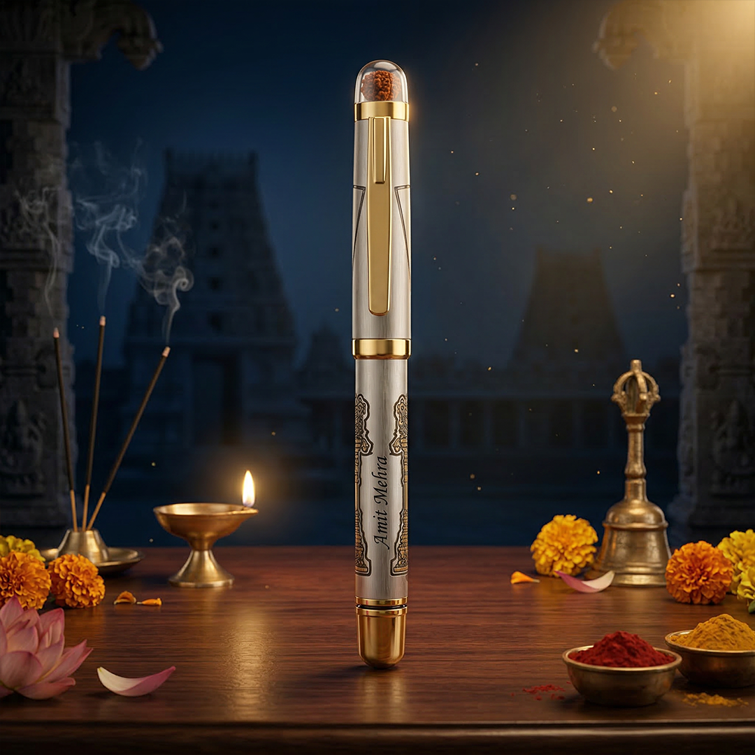 Personalised Sacred Lord Tirupati Balaji Metal Roller Pen with Rudraksh Bead Embed - The Gifting Era