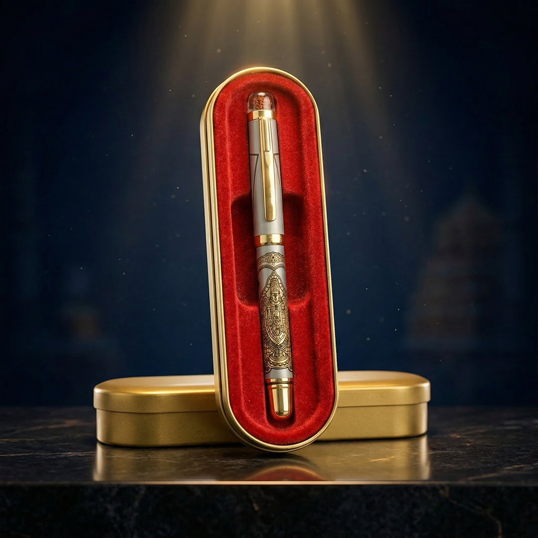 Personalised Sacred Lord Tirupati Balaji Metal Roller Pen with Rudraksh Bead Embed - The Gifting Era