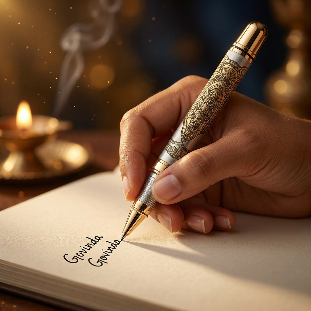 Personalised Sacred Lord Tirupati Balaji Metal Roller Pen with Rudraksh Bead Embed - The Gifting Era