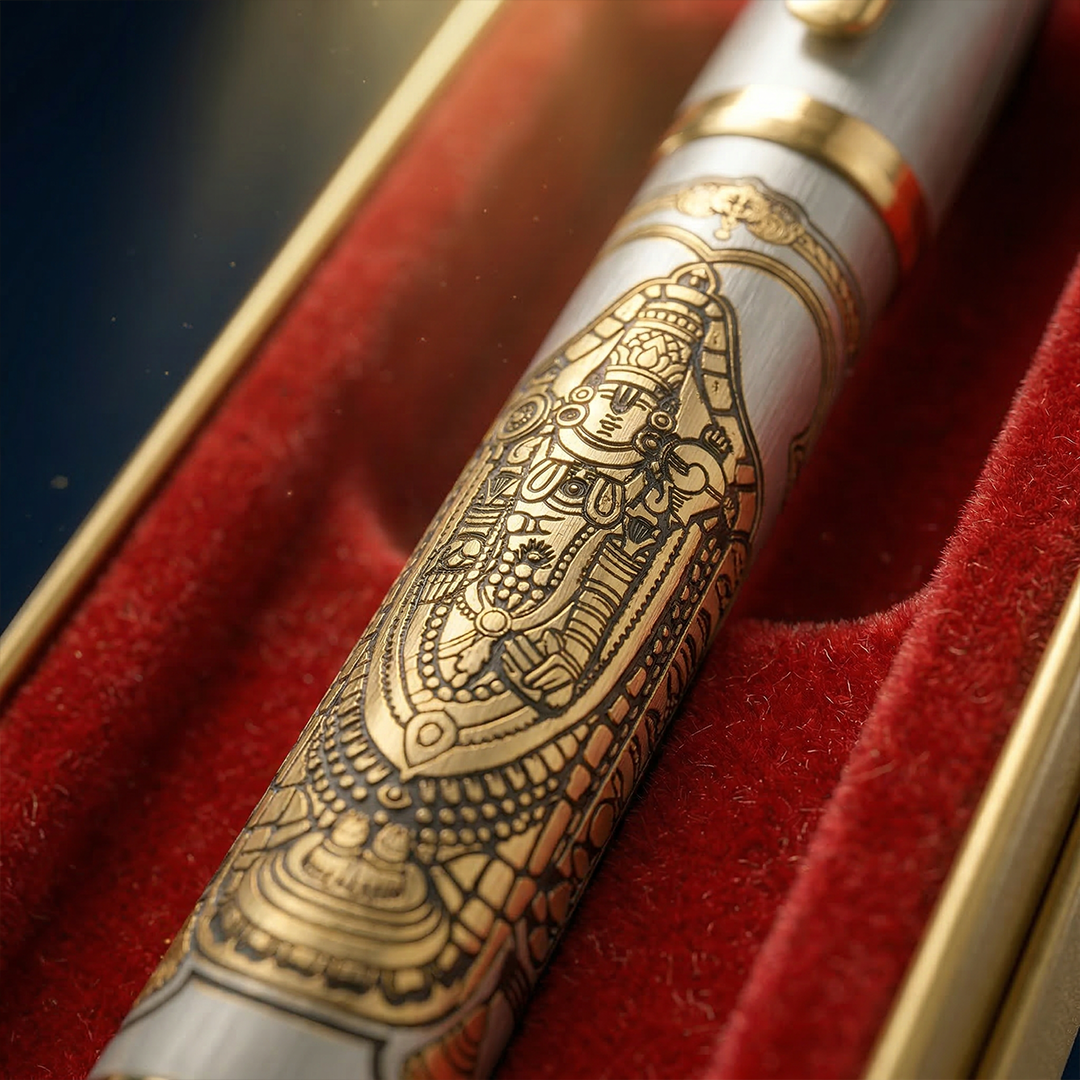 Personalised Sacred Lord Tirupati Balaji Metal Roller Pen with Rudraksh Bead Embed - The Gifting Era