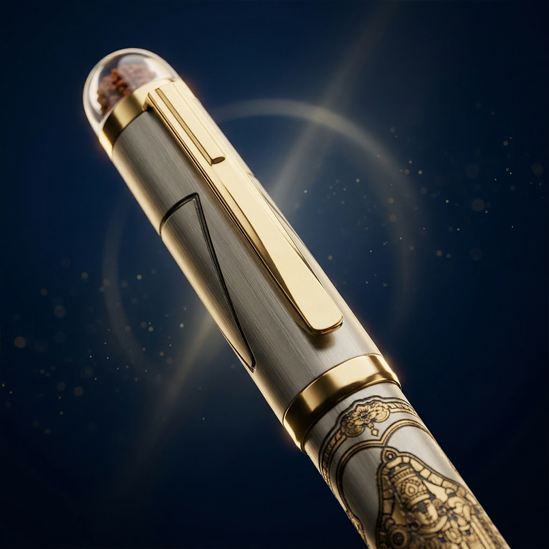 Personalised Sacred Lord Tirupati Balaji Metal Roller Pen with Rudraksh Bead Embed - The Gifting Era