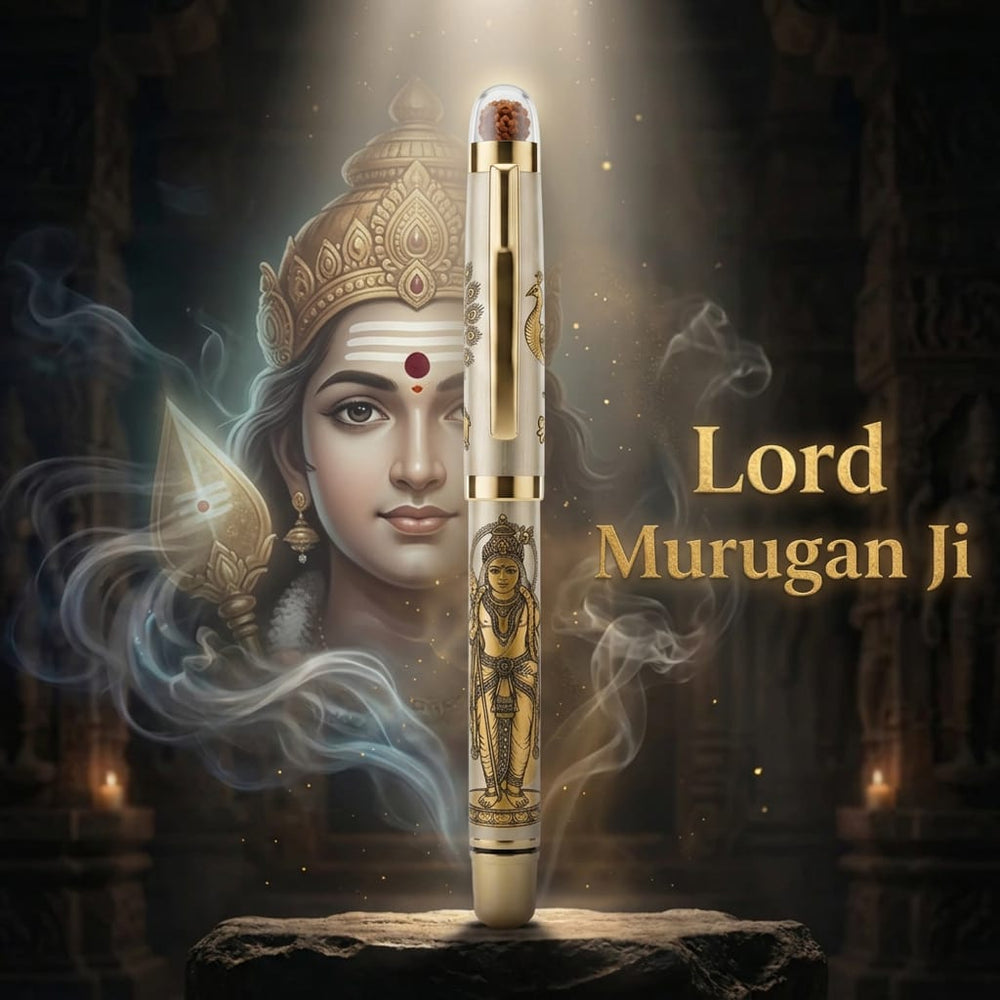 Personalised Sacred Lord Murugan Metal Roller Pen with Rudraksh Bead Embed