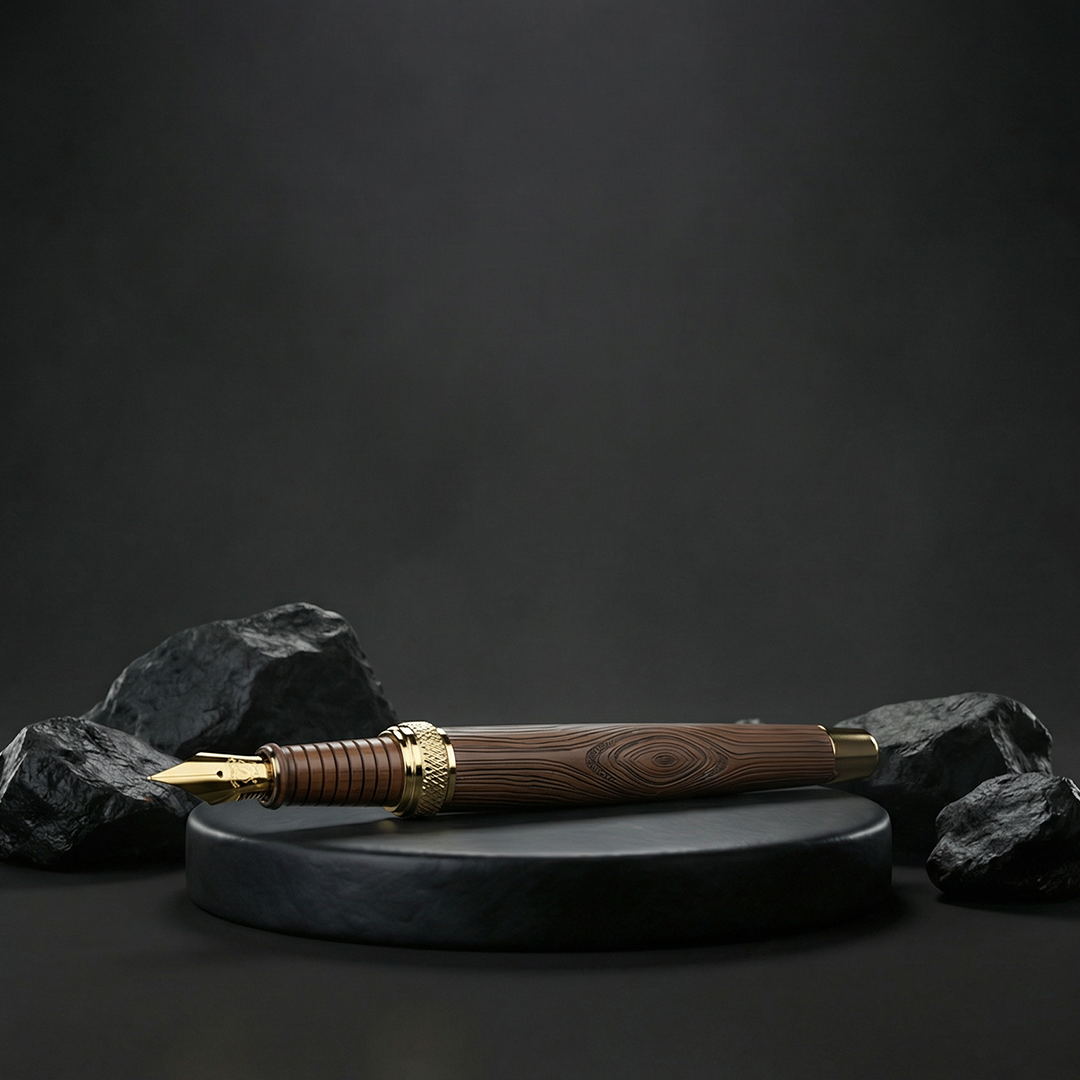 Woodwright Limited Edition Wooden Textured Metallic Fountain Pen - Chocolate Brown Gold - The Gifting Era