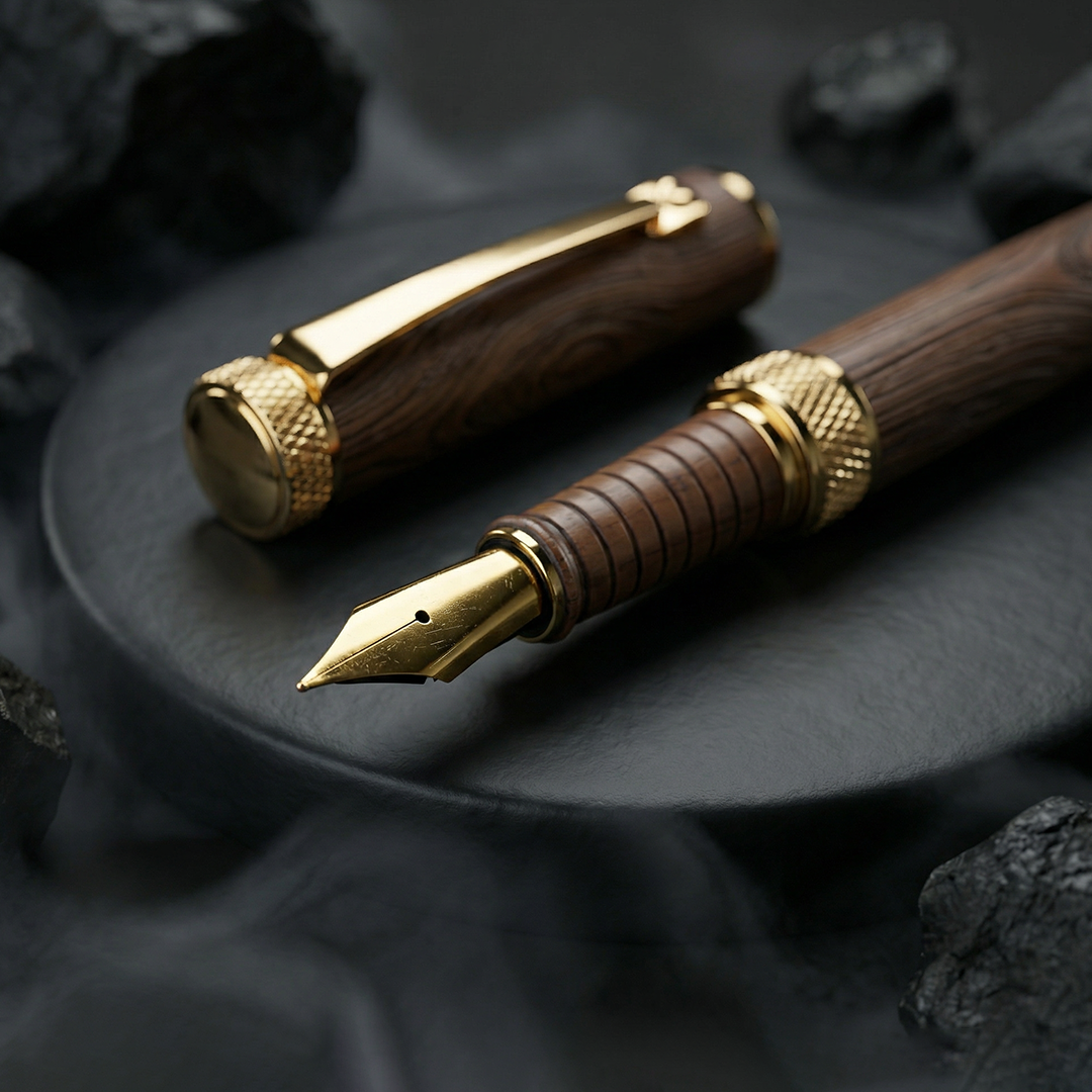 Woodwright Limited Edition Wooden Textured Metallic Fountain Pen - Chocolate Brown Gold - The Gifting Era