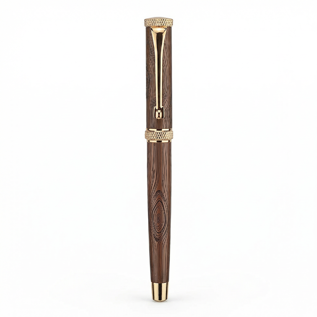 Woodwright Limited Edition Wooden Textured Metallic Fountain Pen - Chocolate Brown Gold - The Gifting Era
