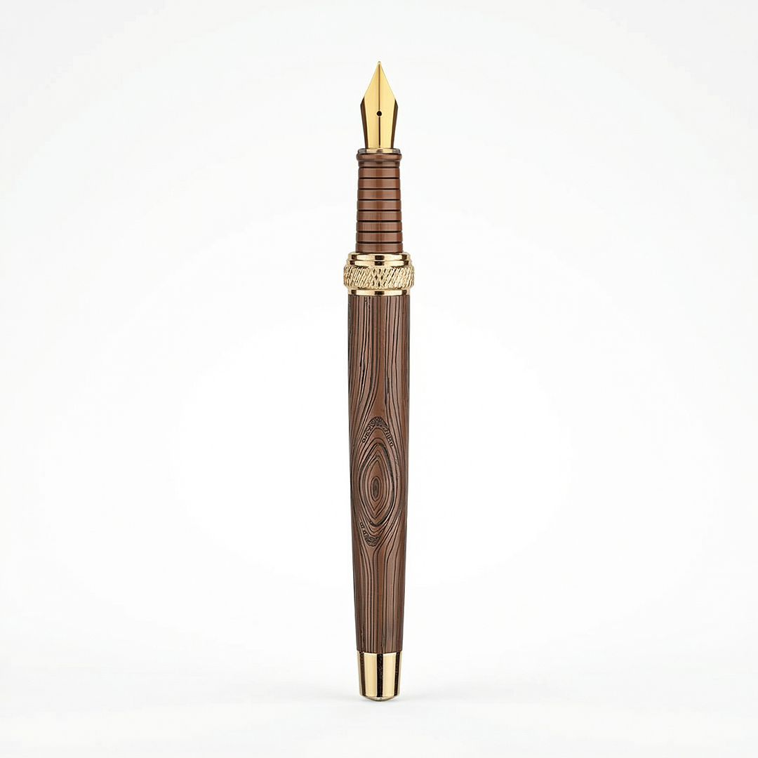 Woodwright Limited Edition Wooden Textured Metallic Fountain Pen - Chocolate Brown Gold - The Gifting Era
