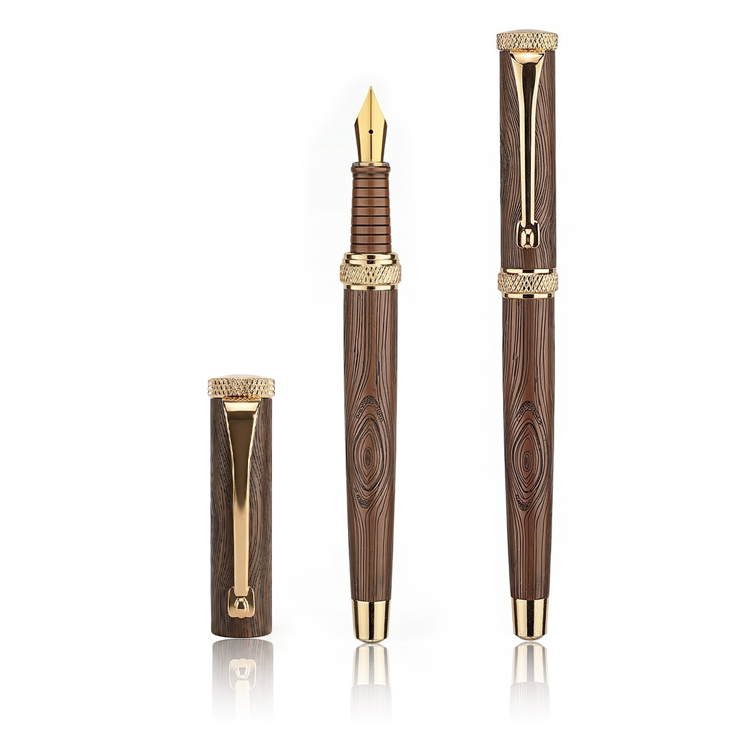 Woodwright Limited Edition Wooden Textured Metallic Fountain Pen - Chocolate Brown Gold - The Gifting Era