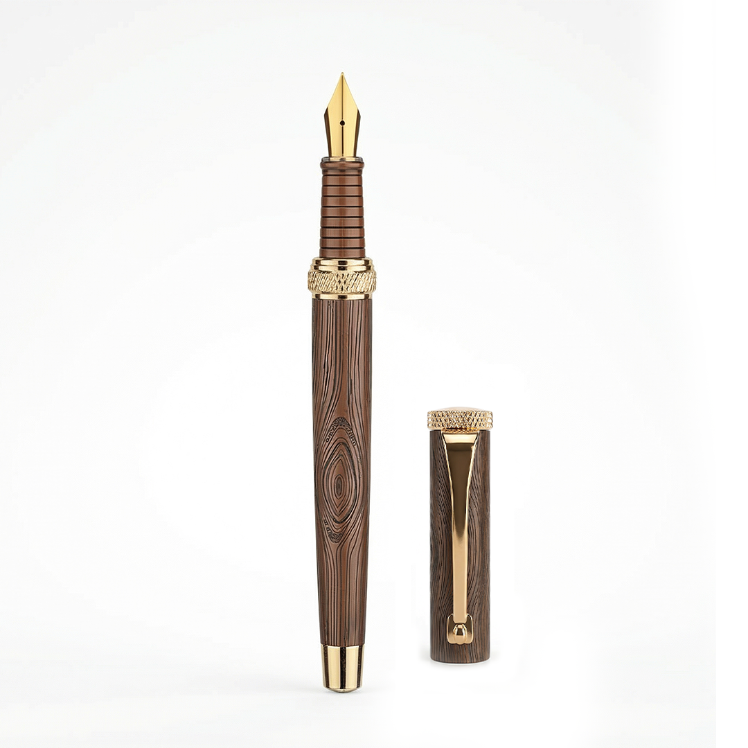 Woodwright Limited Edition Wooden Textured Metallic Fountain Pen - Chocolate Brown Gold - The Gifting Era