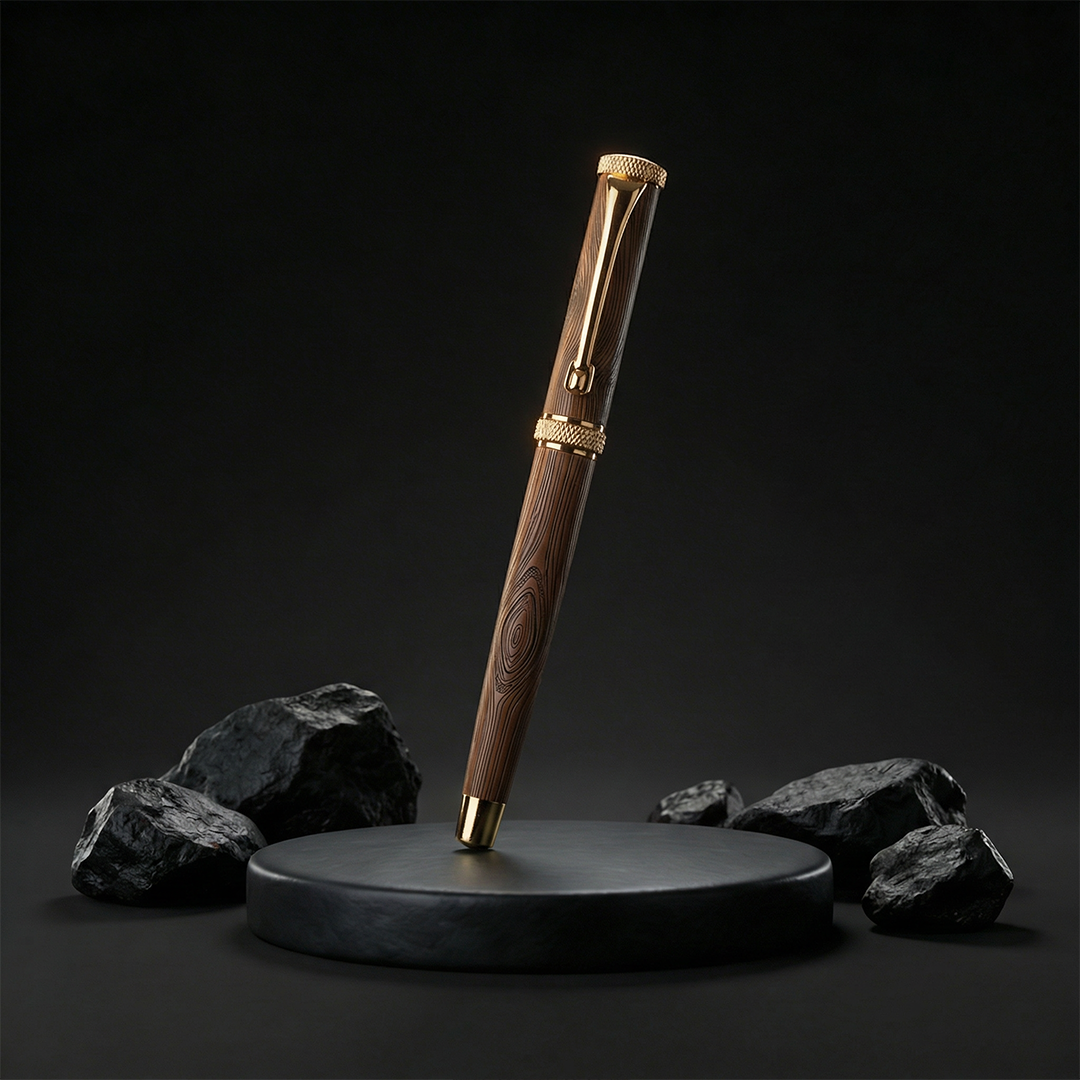 Woodwright Limited Edition Wooden Textured Metallic Fountain Pen - Chocolate Brown Gold - The Gifting Era