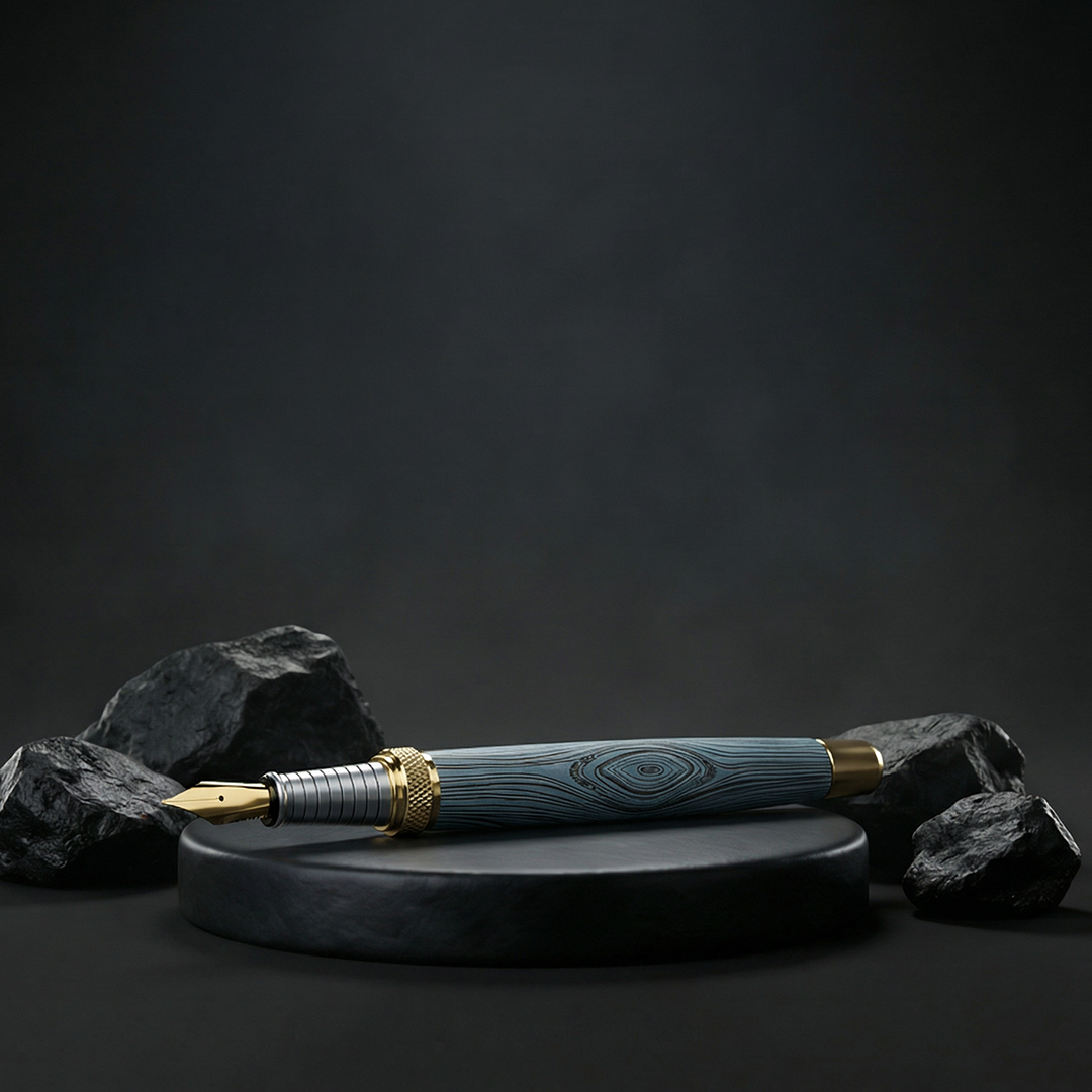 Woodwright Limited Edition Wooden Textured Metallic Fountain Pen - Imperial Blue Gold - The Gifting Era