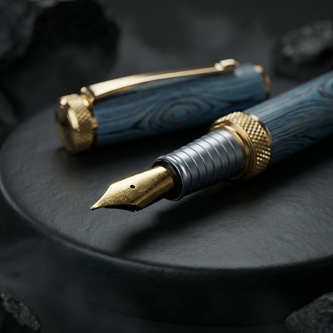 Woodwright Limited Edition Wooden Textured Metallic Fountain Pen - Imperial Blue Gold - The Gifting Era