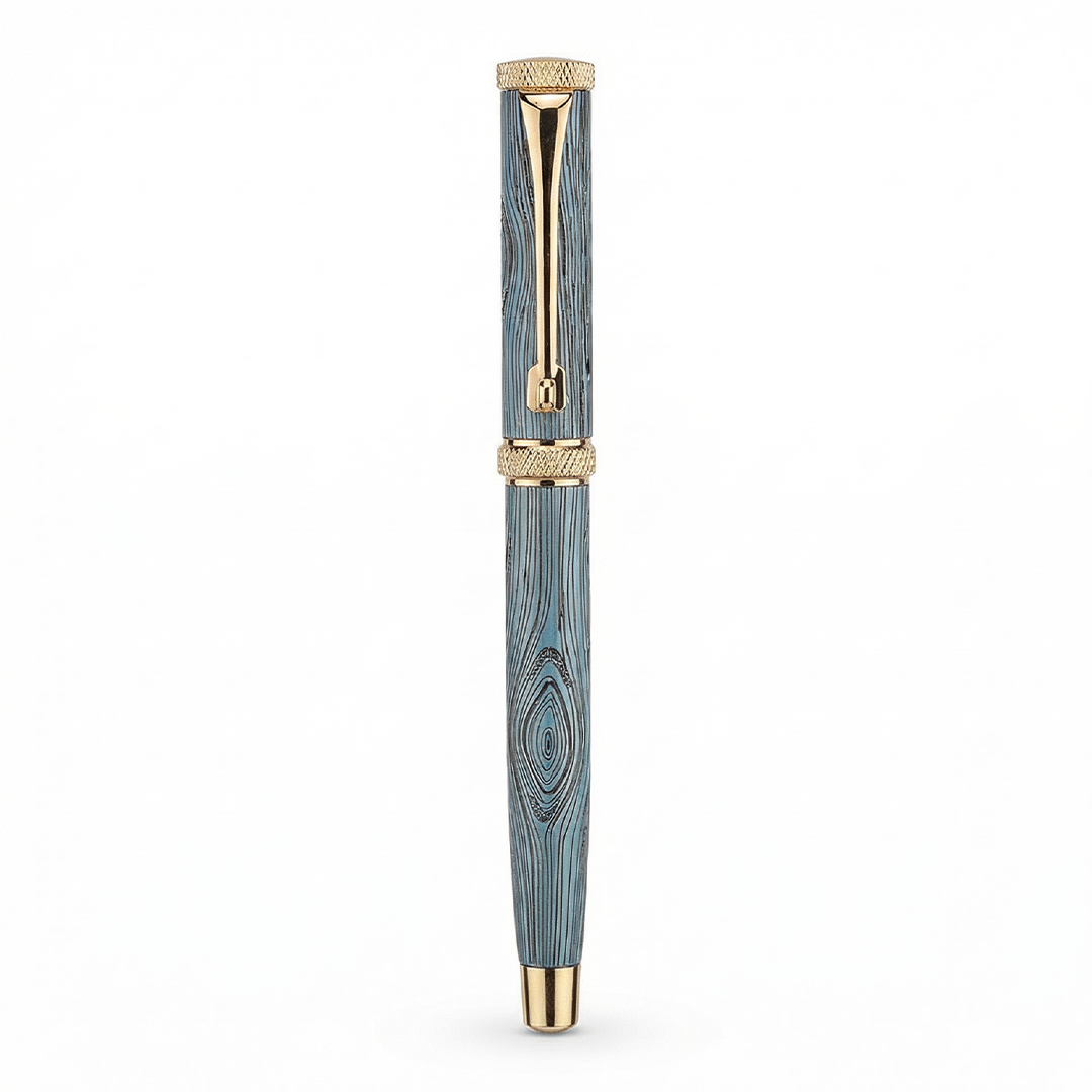 Woodwright Limited Edition Wooden Textured Metallic Fountain Pen - Imperial Blue Gold - The Gifting Era