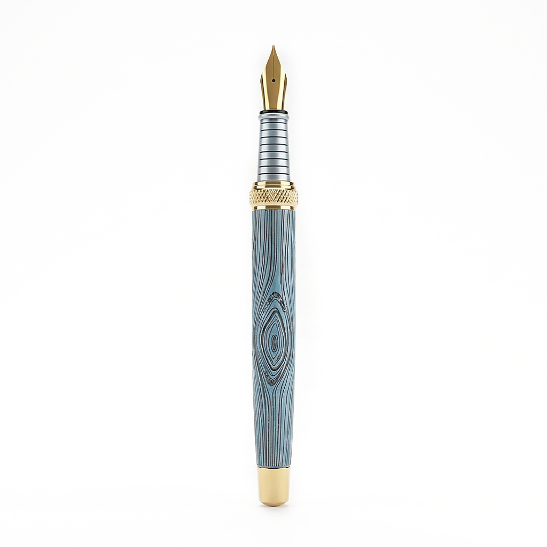 Woodwright Limited Edition Wooden Textured Metallic Fountain Pen - Imperial Blue Gold - The Gifting Era