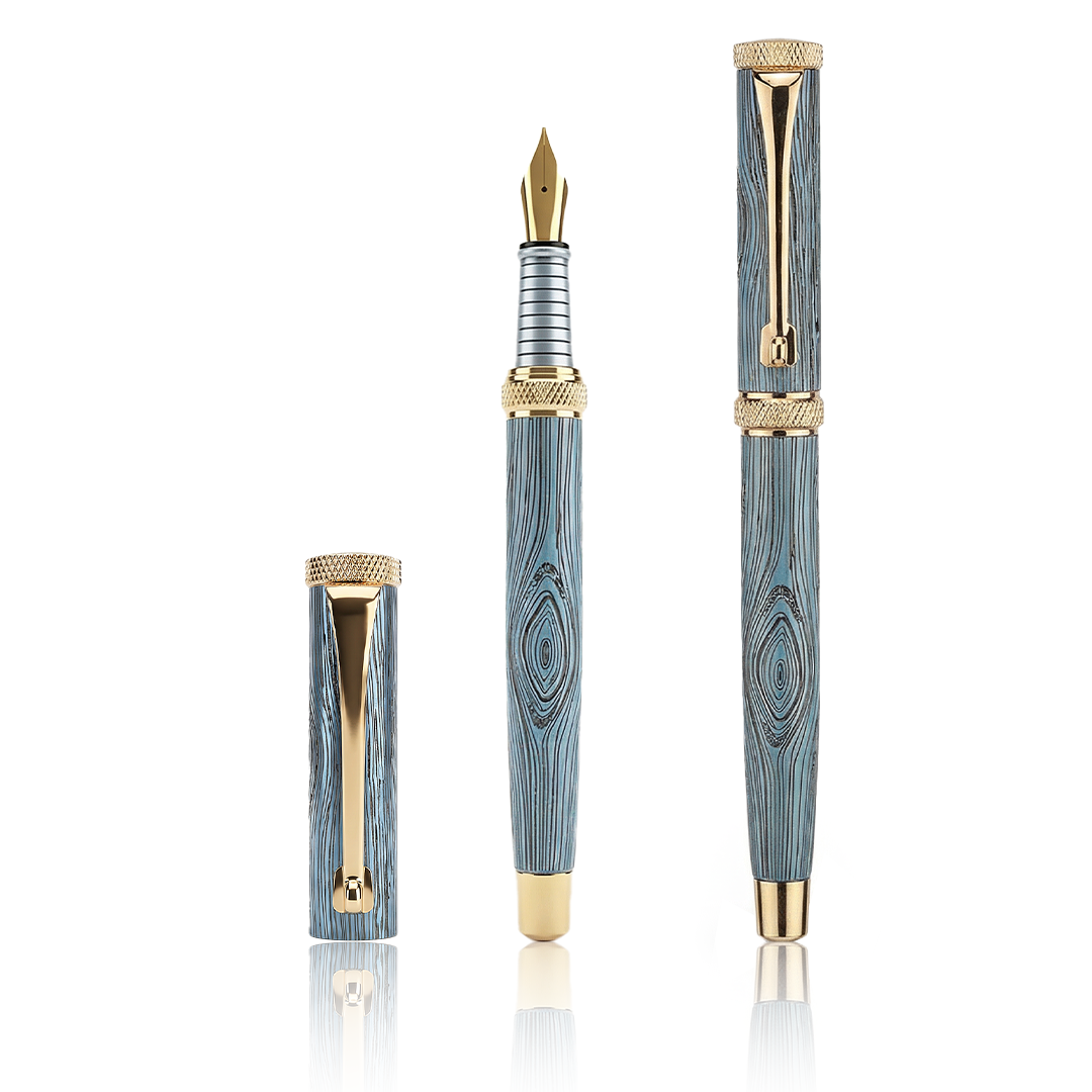 Woodwright Limited Edition Wooden Textured Metallic Fountain Pen - Imperial Blue Gold - The Gifting Era
