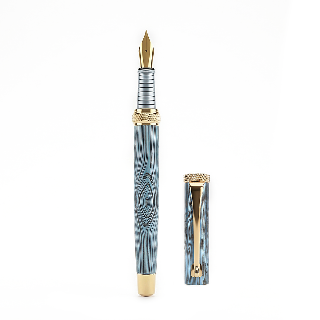 Woodwright Limited Edition Wooden Textured Metallic Fountain Pen - Imperial Blue Gold - The Gifting Era