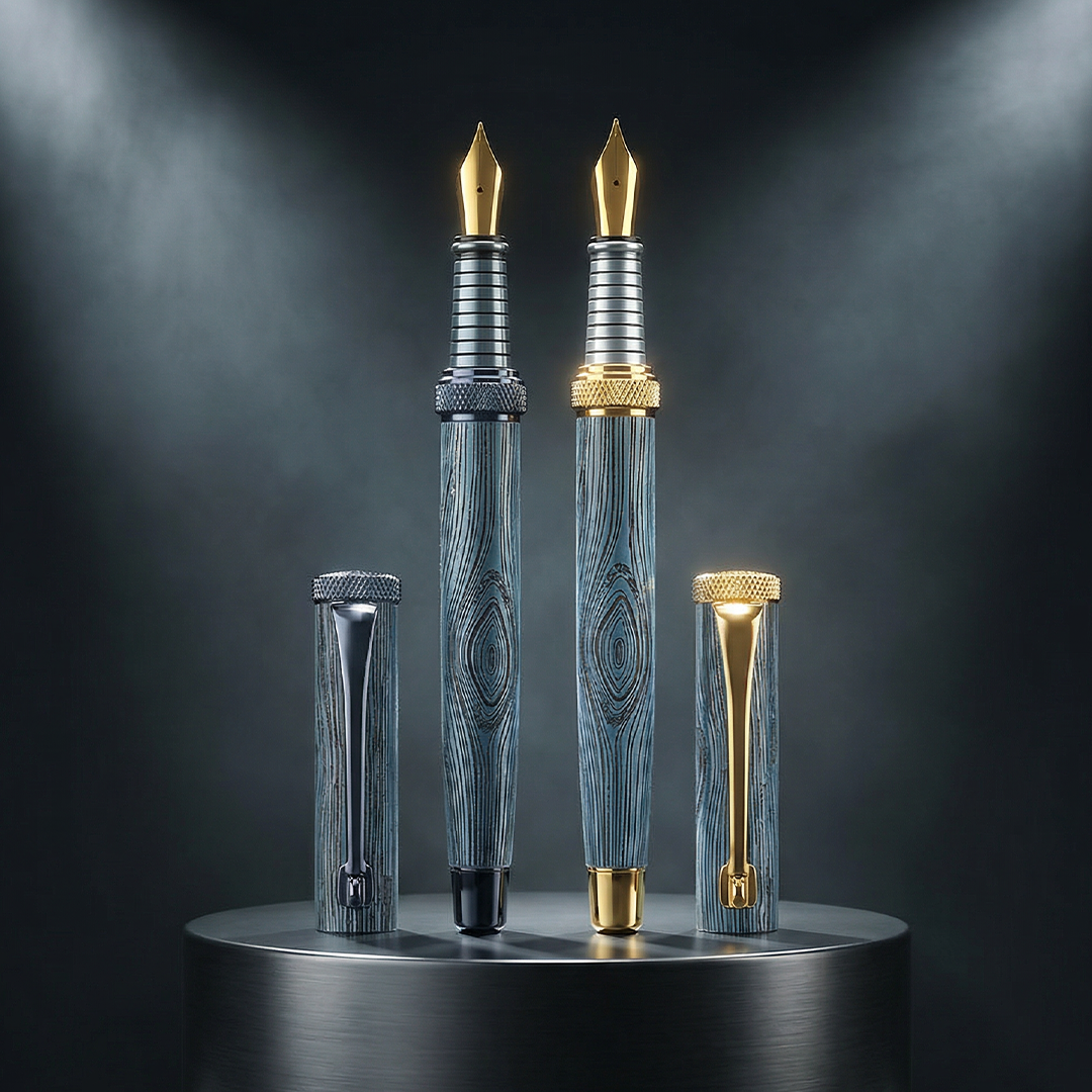 Personalised Woodwright Limited Edition Wooden Textured Metallic Fountain Pen - Imperial Blue (Set of 2) - The Gifting Era