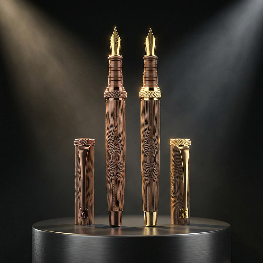 Personalised Woodwright Limited Edition Wooden Textured Metallic Fountain Pen - Dark Chocolate (Set of 2) - The Gifting Era