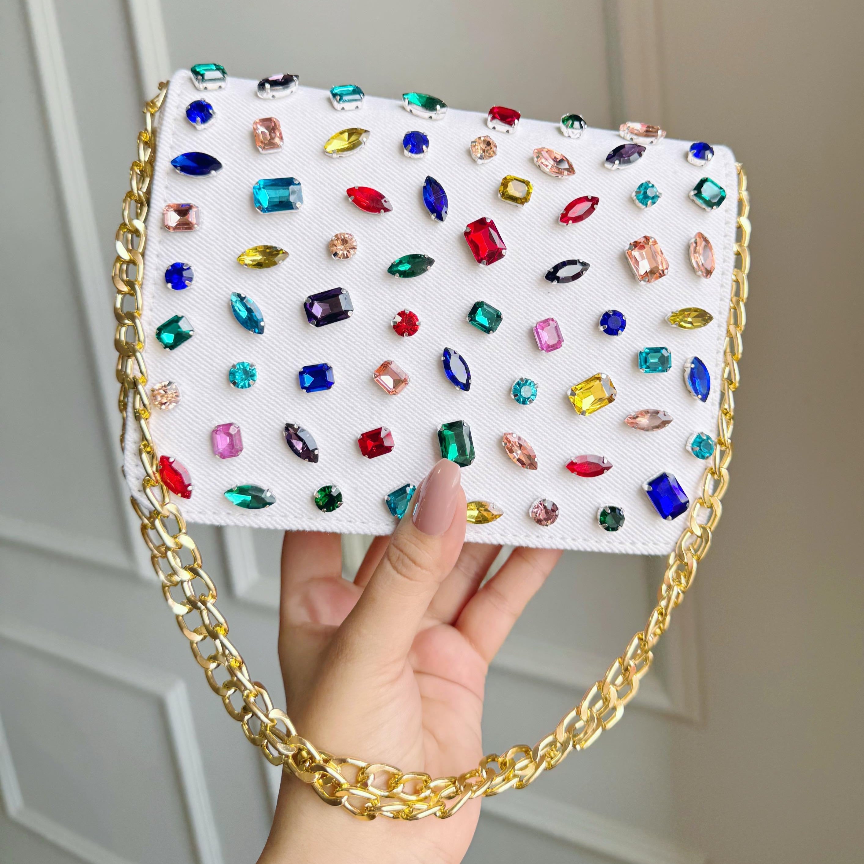 Premium Crystal Gemstone Denim Flap Sling Bag