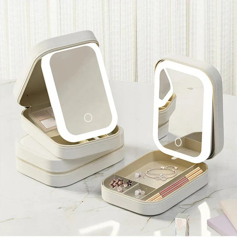 Personalised Monogram Jewellery & Makeup Organiser Vanity Box with Rechargeable Touch Sensor Led Mirror - 3 Light Mode - The Gifting Era