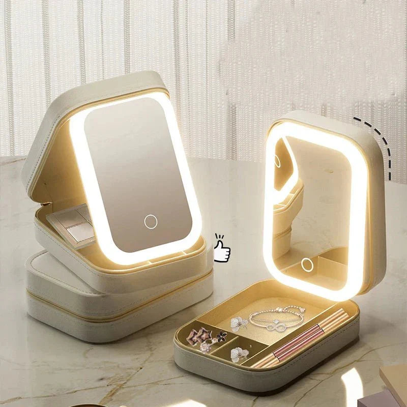 Personalised Monogram Jewellery & Makeup Organiser Vanity Box with Rechargeable Touch Sensor Led Mirror - 3 Light Mode - The Gifting Era