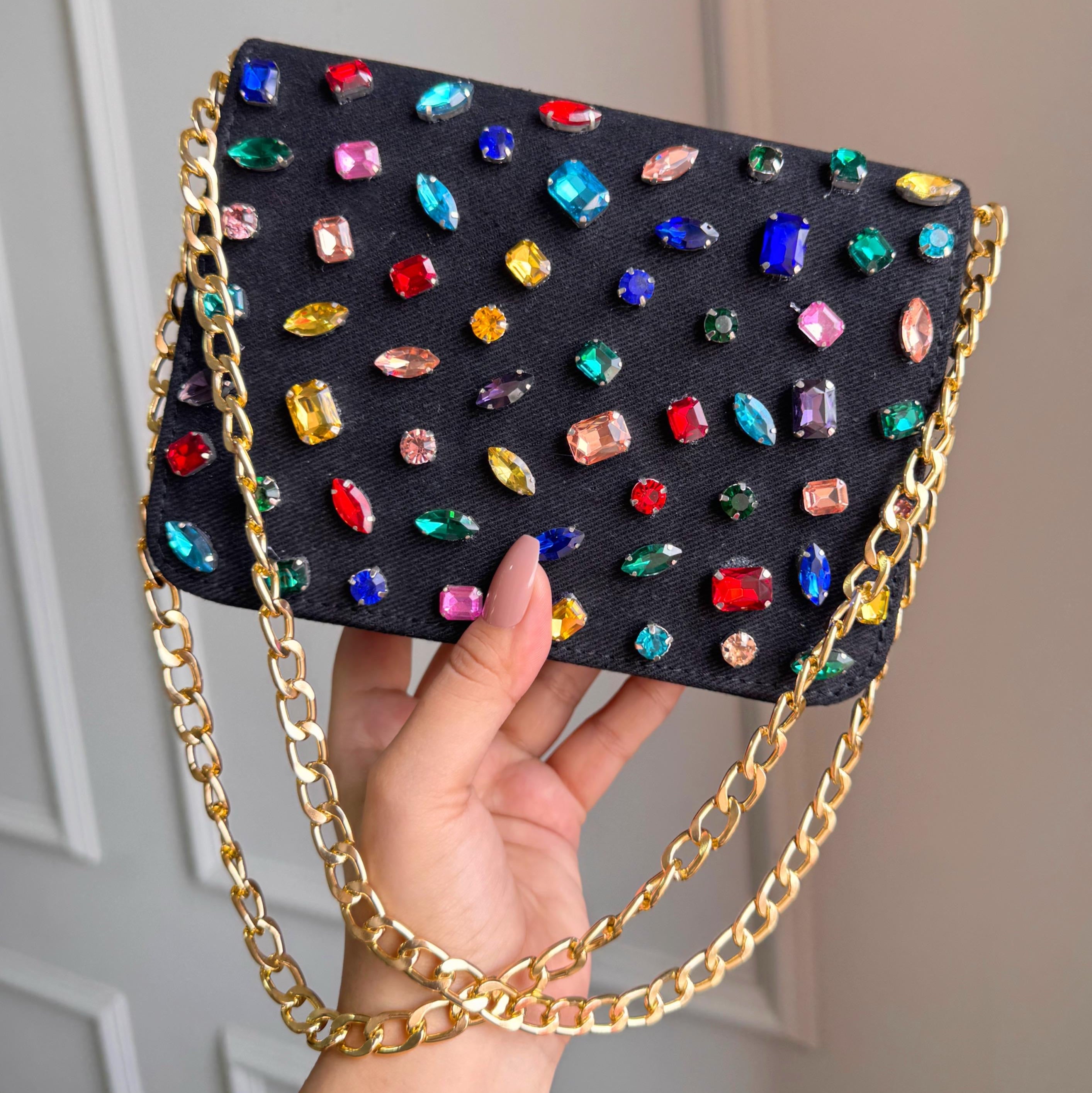 Premium Crystal Gemstone Denim Flap Sling Bag
