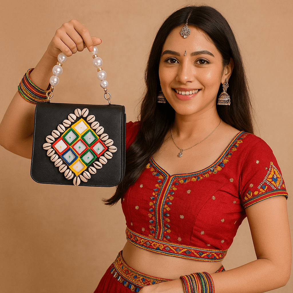 Designer Navratri Special Handcrafted Macro Bag – Multi-Mirror Embroidery, Cowrie Shell Edging & Pearl Handle Sling - The Gifting Era
