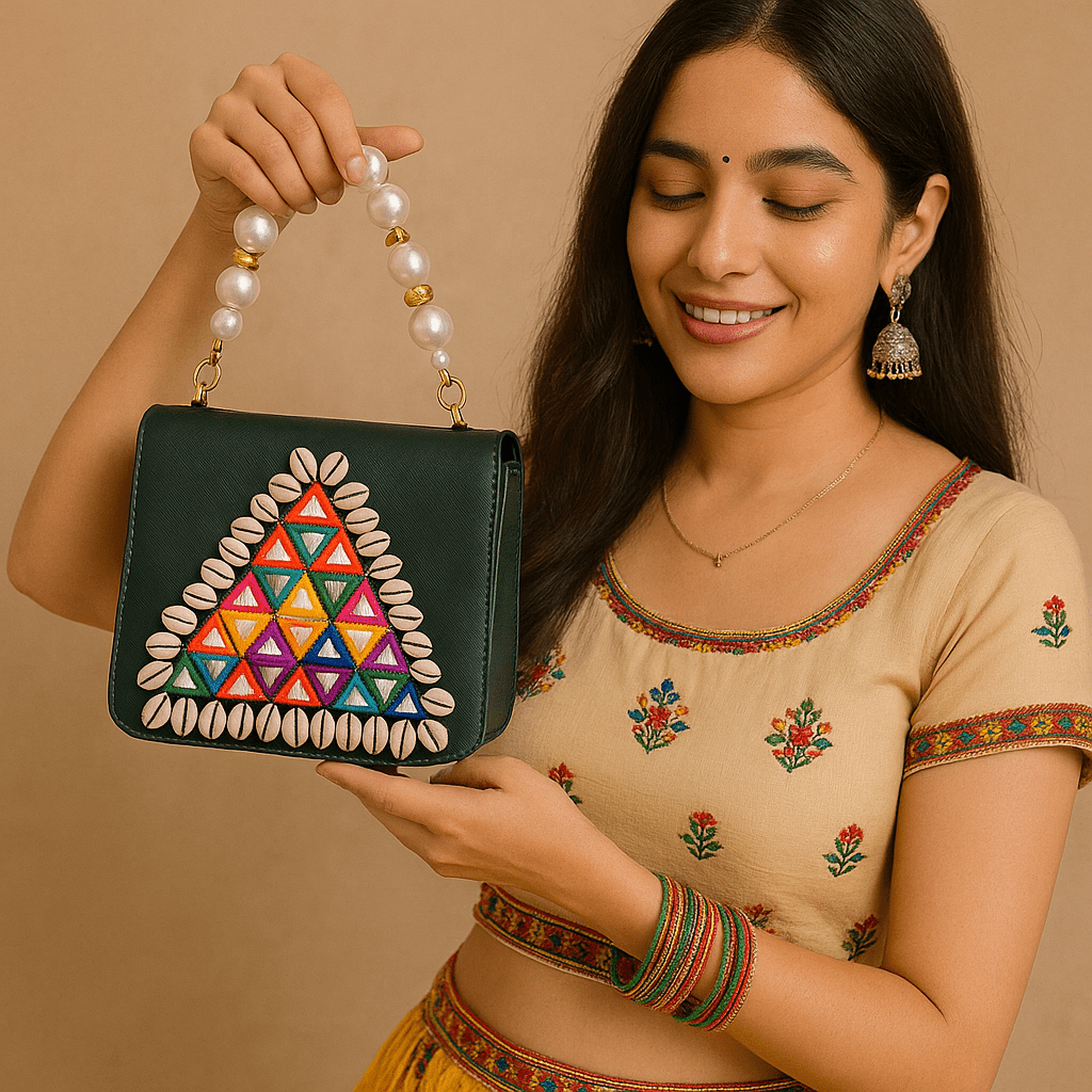 Designer Navratri Special Handcrafted Macro Bag – Multi-Mirror Embroidery, Cowrie Shell Edging & Pearl Handle Sling - The Gifting Era