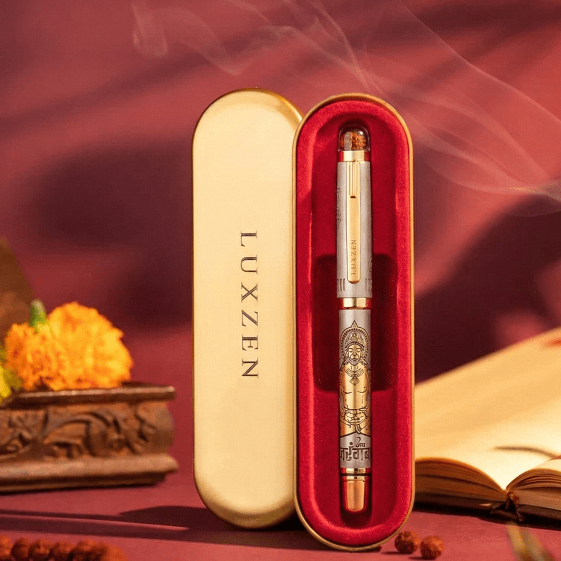 Divine Energy Sacred God Engraved Metal Roller Pen with Rudraksh Bead Embed - Set of 6 Premium Pens - The Gifting Era
