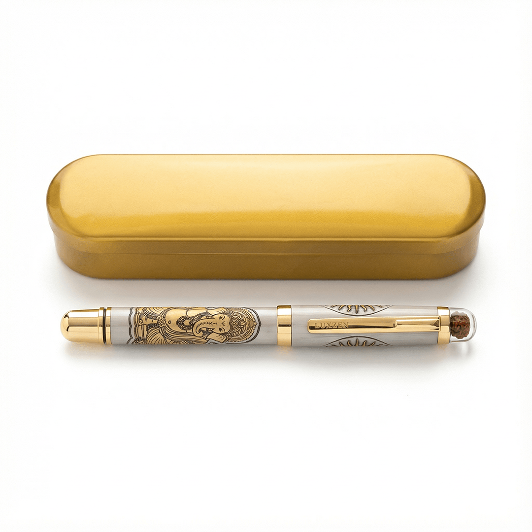 Divine Energy Sacred God Engraved Metal Roller Pen with Rudraksh Bead Embed - Set of 6 Premium Pens - The Gifting Era