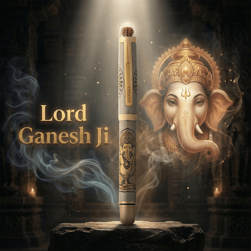Divine Energy Sacred God Engraved Metal Roller Pen with Rudraksh Bead Embed - Set of 6 Premium Pens - The Gifting Era