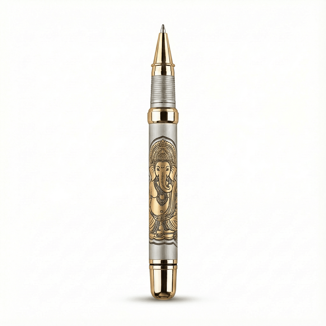 Divine Energy Sacred God Engraved Metal Roller Pen with Rudraksh Bead Embed - Set of 6 Premium Pens - The Gifting Era