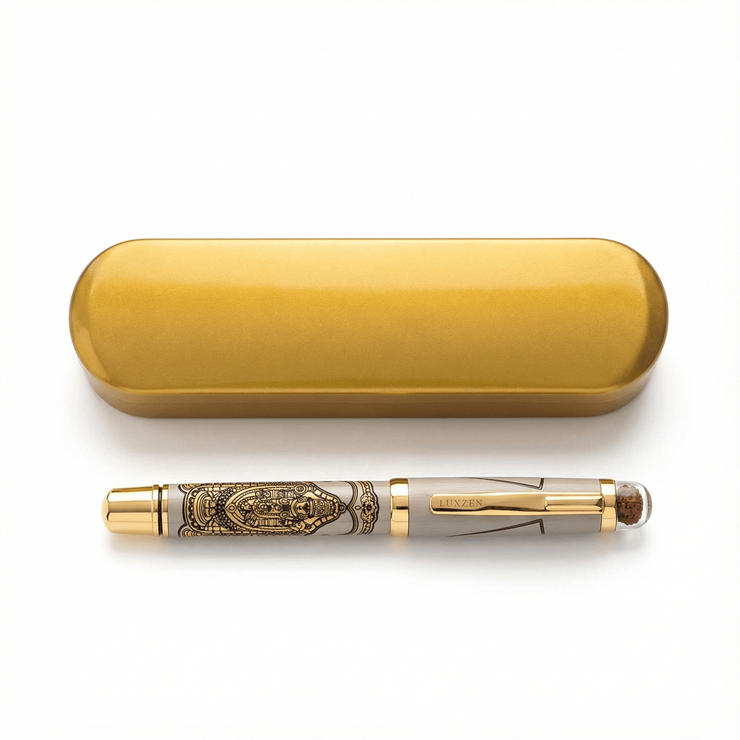 Divine Energy Sacred God Engraved Metal Roller Pen with Rudraksh Bead Embed - Set of 6 Premium Pens - The Gifting Era