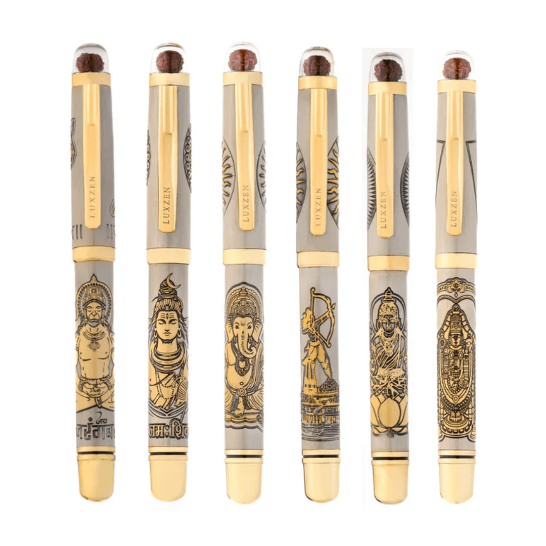 Divine Energy Sacred God Engraved Metal Roller Pen with Rudraksh Bead Embed - Set of 6 Premium Pens - The Gifting Era