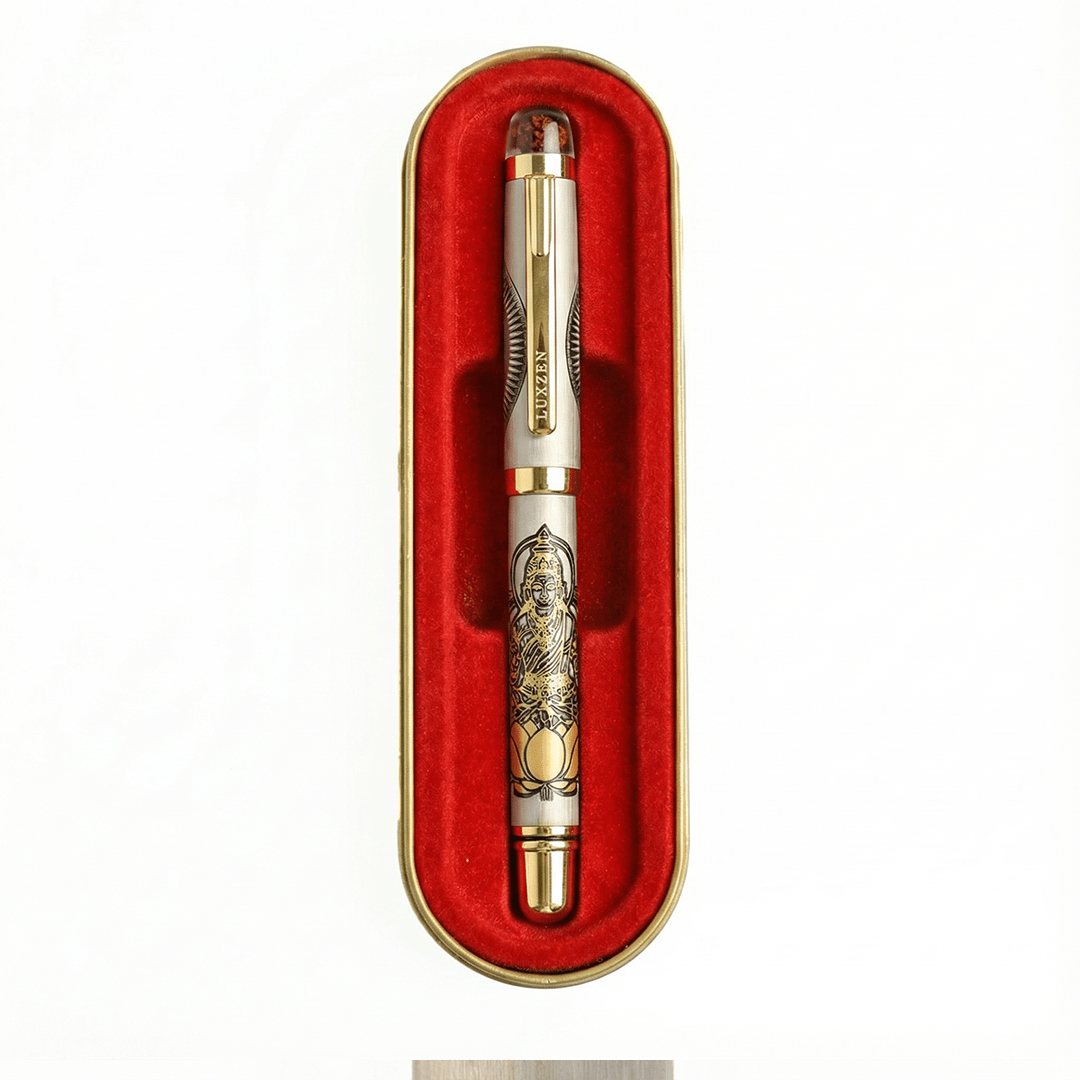 Divine Energy Sacred God Engraved Metal Roller Pen with Rudraksh Bead Embed - Set of 6 Premium Pens - The Gifting Era