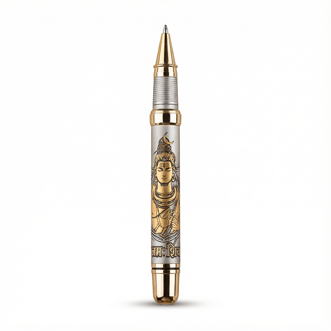 Divine Energy Sacred God Engraved Metal Roller Pen with Rudraksh Bead Embed - Set of 6 Premium Pens - The Gifting Era