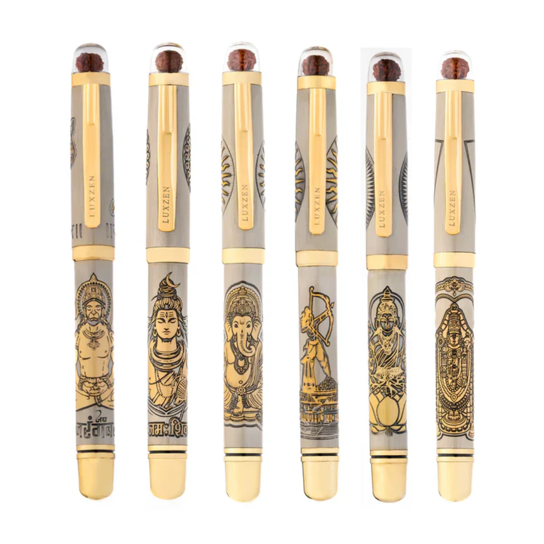 Divine Energy Sacred God Engraved Metal Roller Pen with Rudraksh Bead Embed - Set of 6 Premium Pens - The Gifting Era