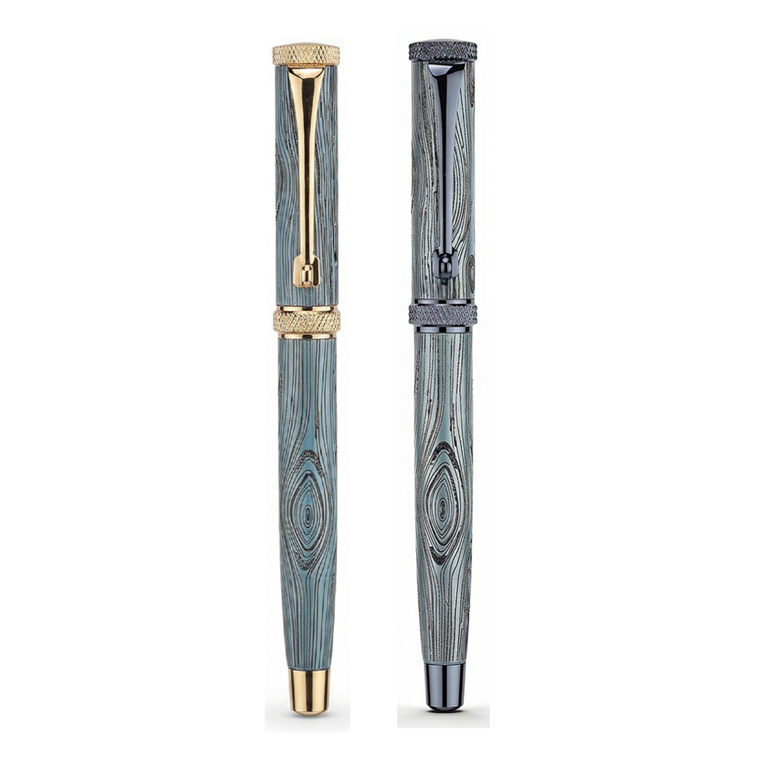 Personalised Woodwright Limited Edition Wooden Textured Metallic Fountain Pen - Imperial Blue (Set of 2) - The Gifting Era