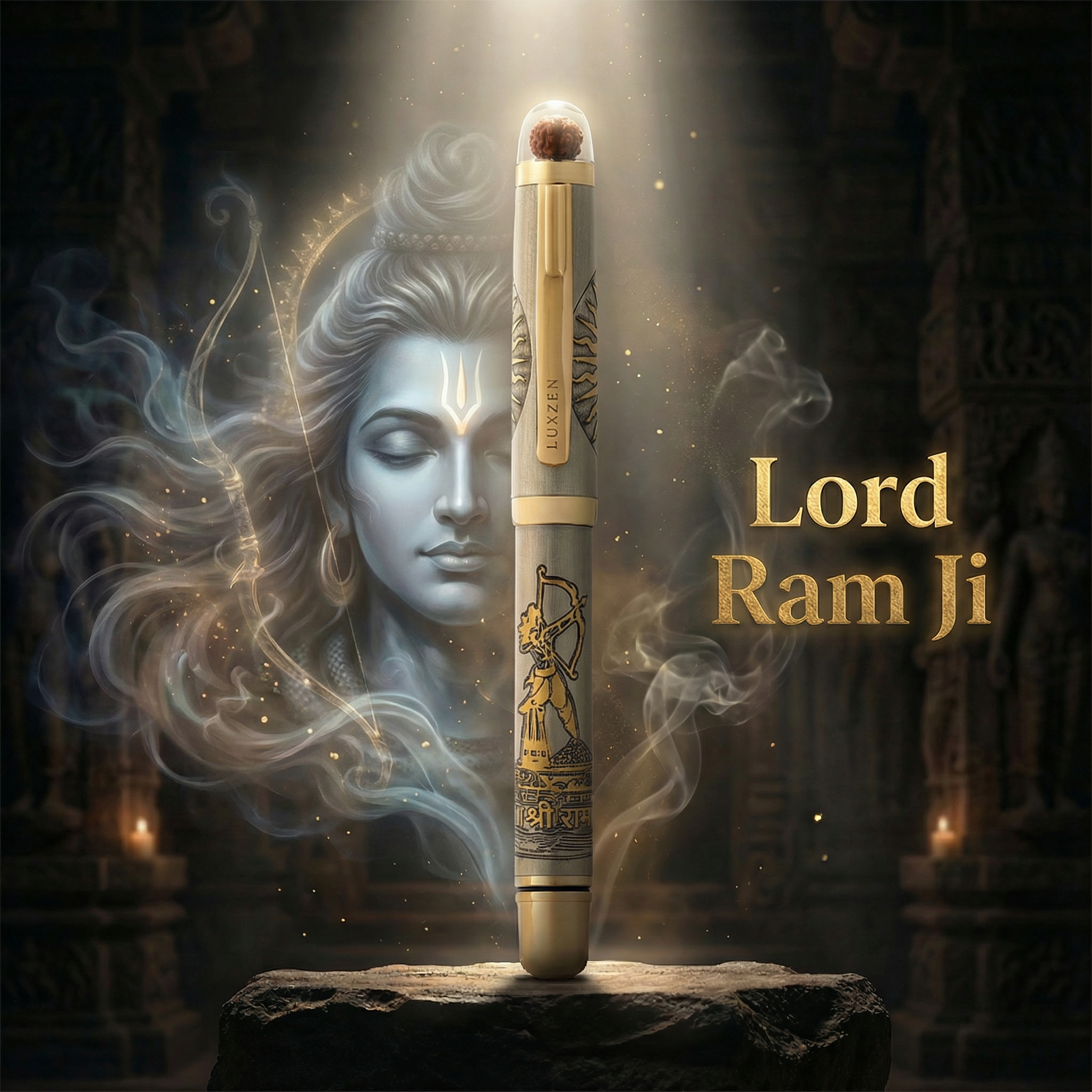 Personalised Sacred Lord Jai Shree Ram Ayodhya Metal Roller Pen with Rudraksh Bead Embed - The Gifting Era