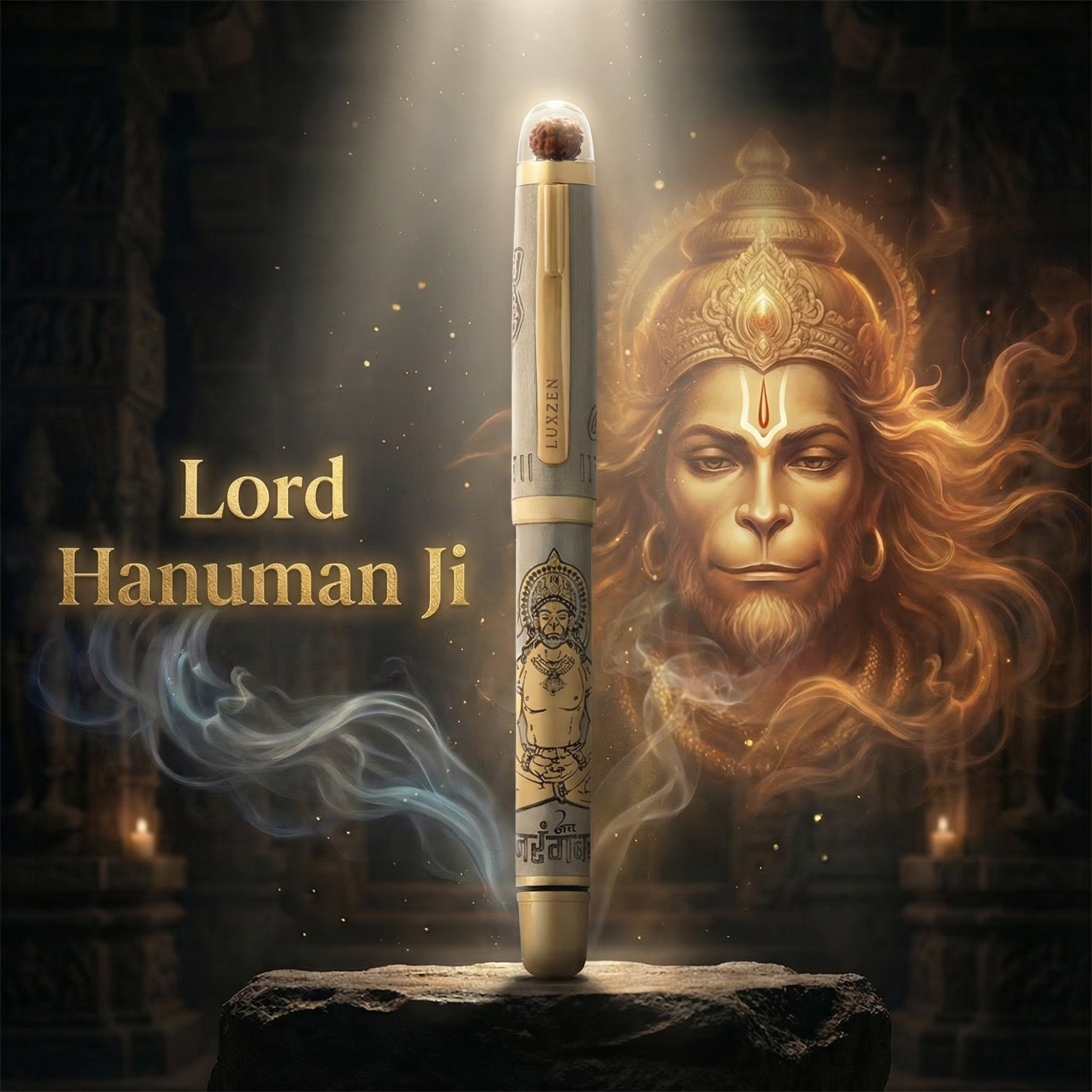 Personalised Sacred Lord Bajrangbali Hanuman Metal Roller Pen with Rudraksh Bead Embed - The Gifting Era