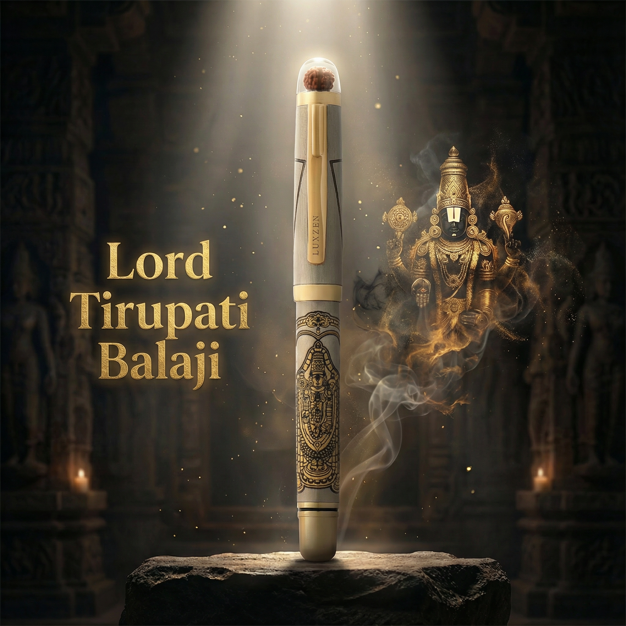 Personalised Sacred Lord Tirupati Balaji Metal Roller Pen with Rudraksh Bead Embed - The Gifting Era