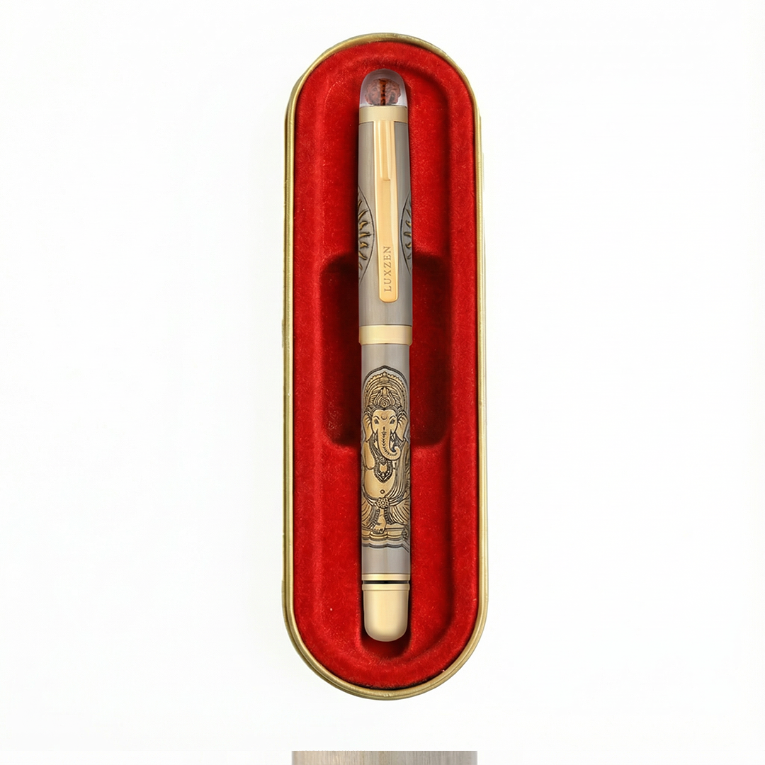 Personalised Sacred Lord Ganeshji Metal Roller Pen with Rudraksh Bead Embed - The Gifting Era