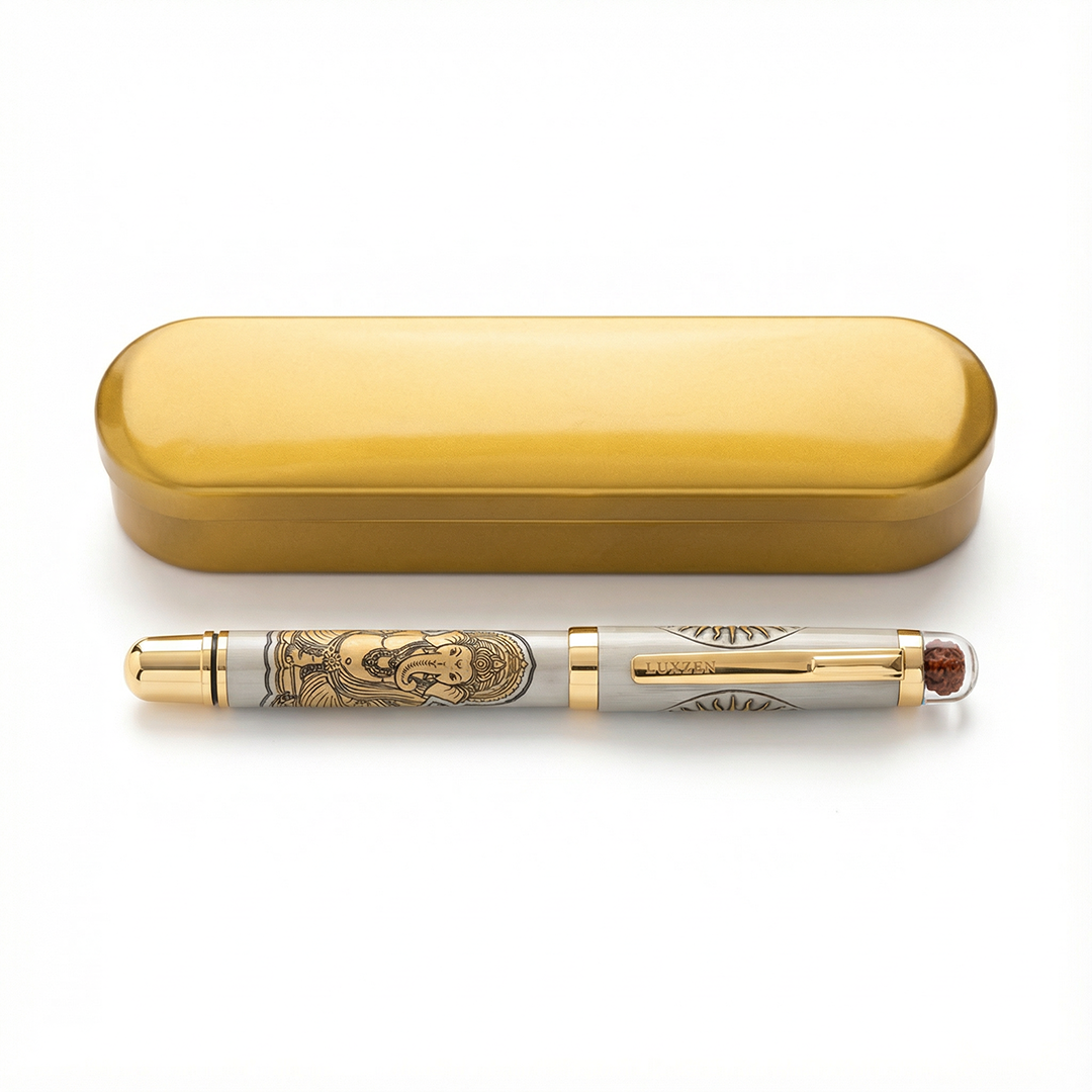 Personalised Sacred Lord Ganeshji Metal Roller Pen with Rudraksh Bead Embed - The Gifting Era