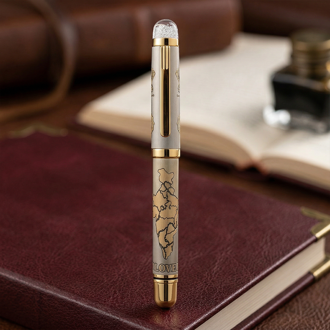 Satyamev Jayate X I love India Engraved Premium Metal Roller Pen With Crystals on Top - The Gifting Era