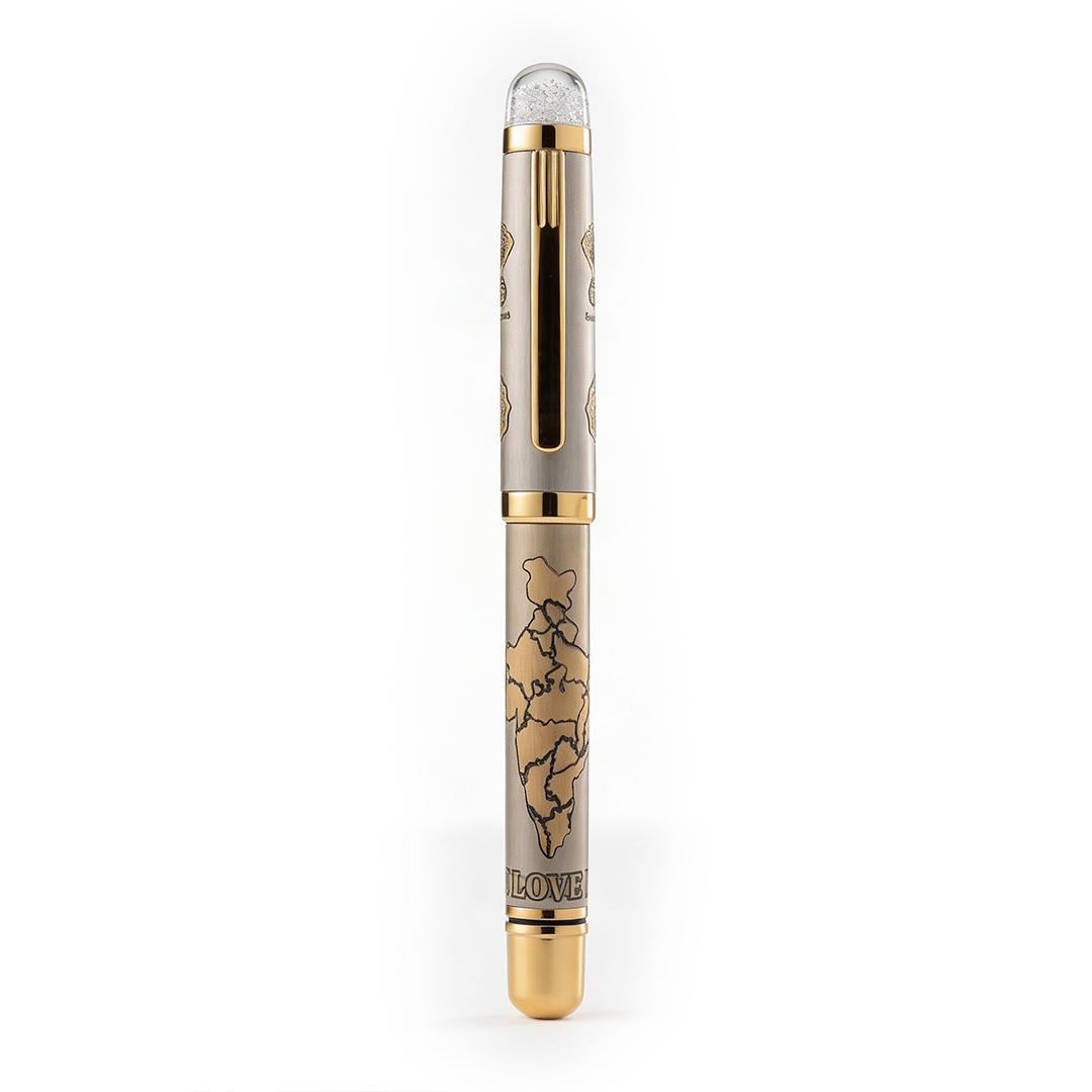 Satyamev Jayate X I love India Engraved Premium Metal Roller Pen With Crystals on Top - The Gifting Era