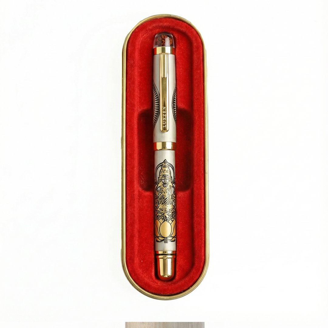 Personalised Sacred Lord Maha Laxmiji Metal Roller Pen with Rudraksh Bead Embed - The Gifting Era