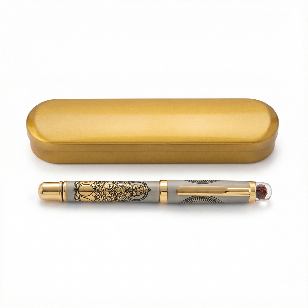 Personalised Sacred Lord Maha Laxmiji Metal Roller Pen with Rudraksh Bead Embed - The Gifting Era