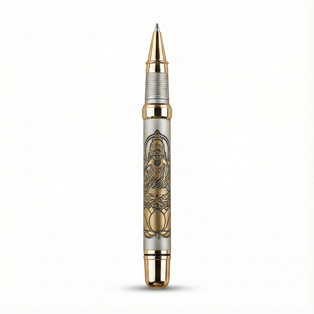 Personalised Sacred Lord Maha Laxmiji Metal Roller Pen with Rudraksh Bead Embed - The Gifting Era