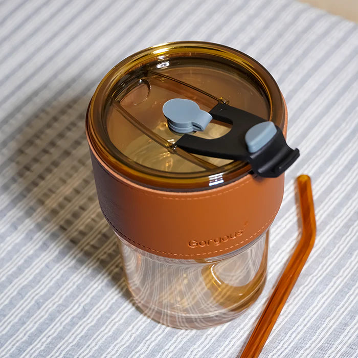Personalised Premium Leather Sleeve Glass Coffee Tumbler with Glass Straw